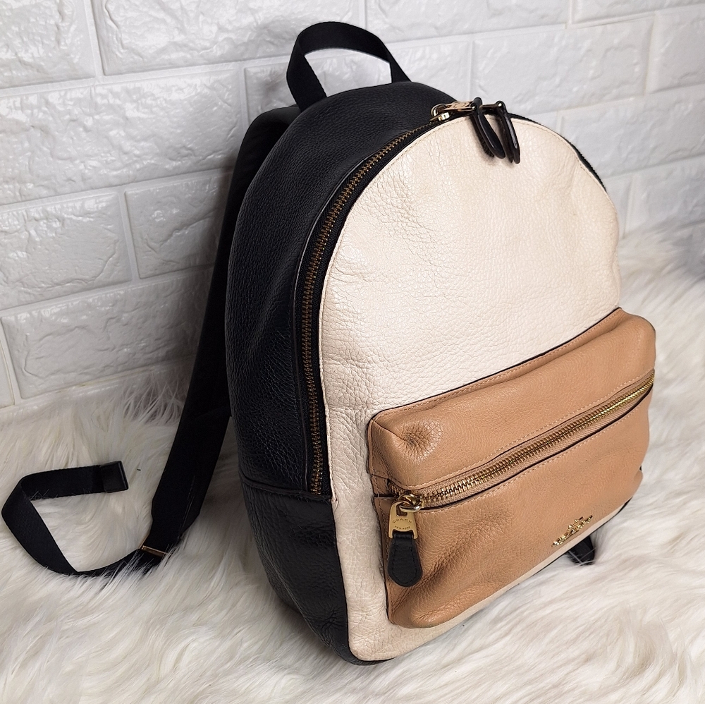 COACH Pebbled Leather Backpack - Small - Black White Beige